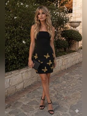 Dalia Macphee Coquette Garden-Core Strapless Black Gold Butterfly Dress M NWTs
